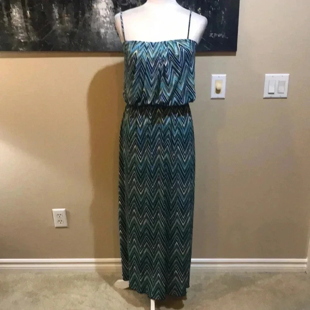 Sweet Storm Blue Green Chevron Spaghetti Strap Maxi Flattering Pleated Top-L